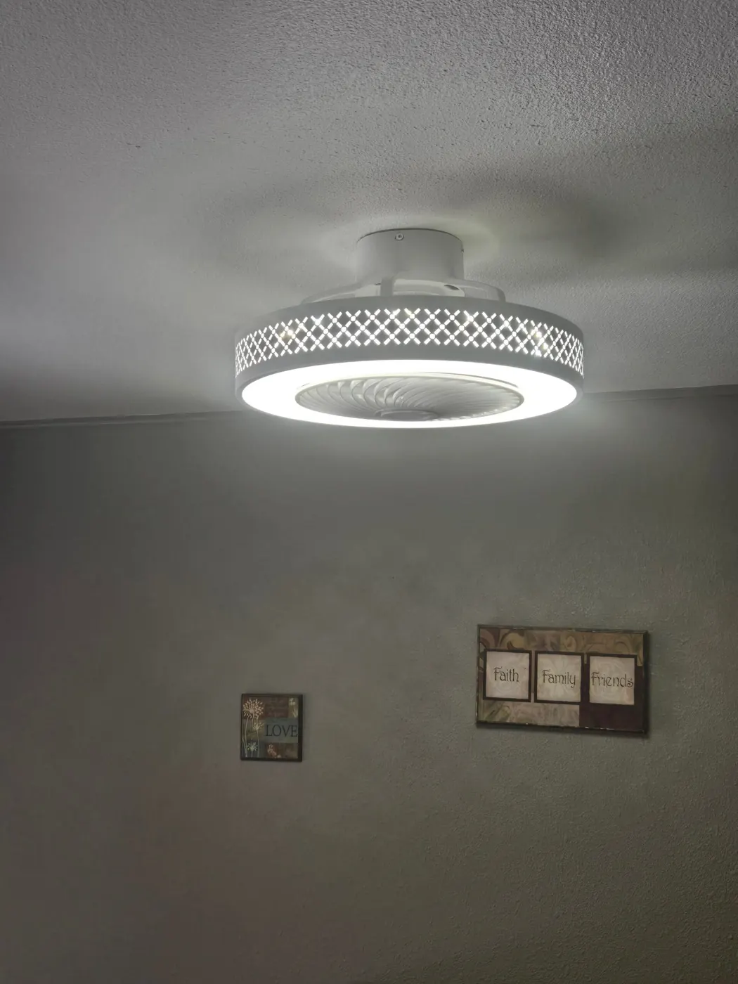 A new ring-style LED fan-light on a textured ceiling