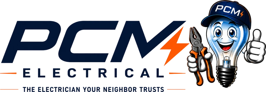 The PCM Electrical logo: navy PCM lettering with an orange lightning bolt, ELECTRICAL, the tagline The Electrician Your Neighbor Trusts, and a smiling light bulb mascot in a PCM cap holding pliers