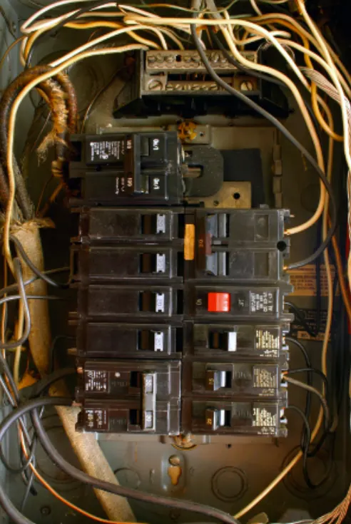 A crowded older electrical panel with its cover off, showing breakers and a tangle of wires
